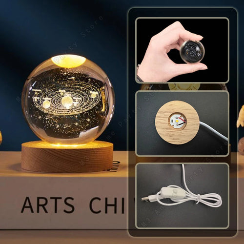 3D Crystal Ball Night Light — Galaxy, Moon & Planet LED Lamp