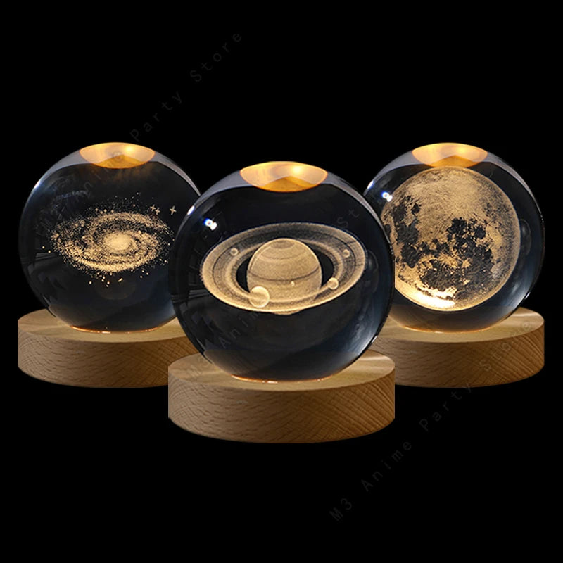 3D Crystal Ball Night Light — Galaxy, Moon & Planet LED Lamp